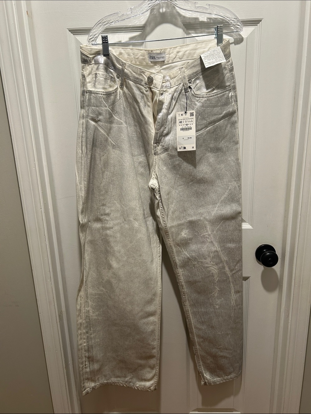 Zara silver Washed Cream wide Leg Jeans